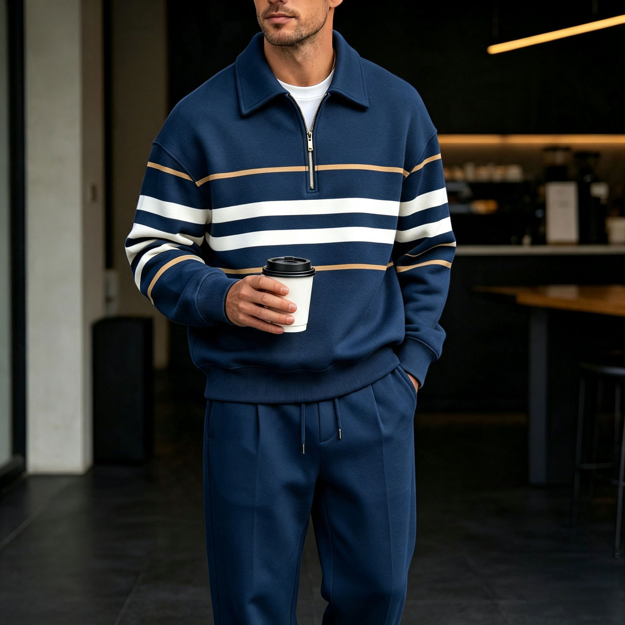 para hombre a rayas estampado Zipper camisa polo and pantalón Set