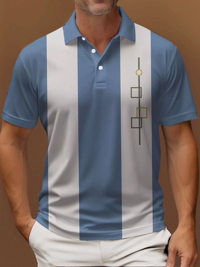 Camisa polo vintage a rayas Button de manga corta para hombre