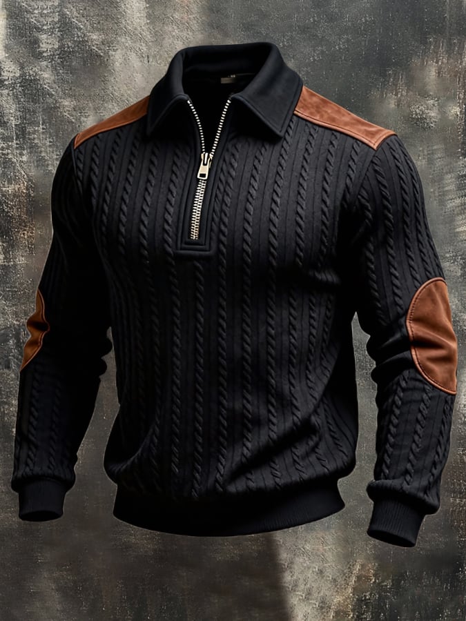 Sudadera vintage-Style texturizado Patchpara trabajo Color-Block de manga larga para hombre