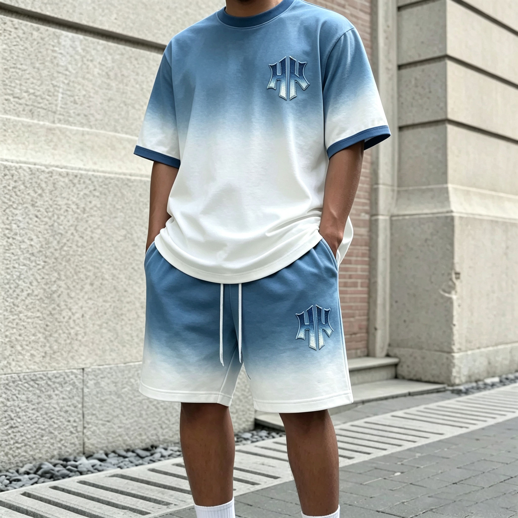 Conjunto de dos piezas casual Gradient-estampado Round-Neck de manga corta camiseta and shorts para hombre