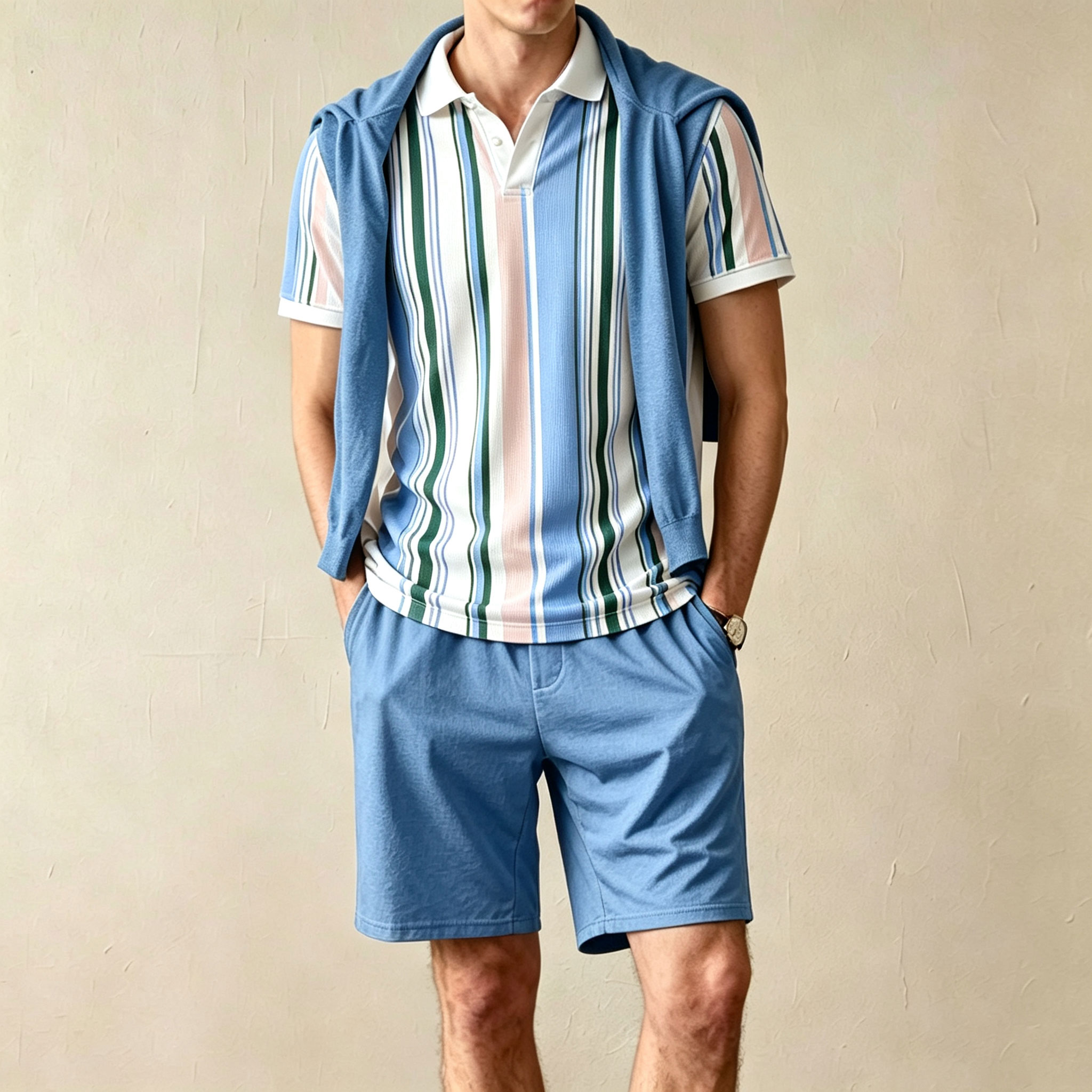 Conjunto de dos piezas casual a rayas estampado de manga corta camisa polo and shorts para hombre