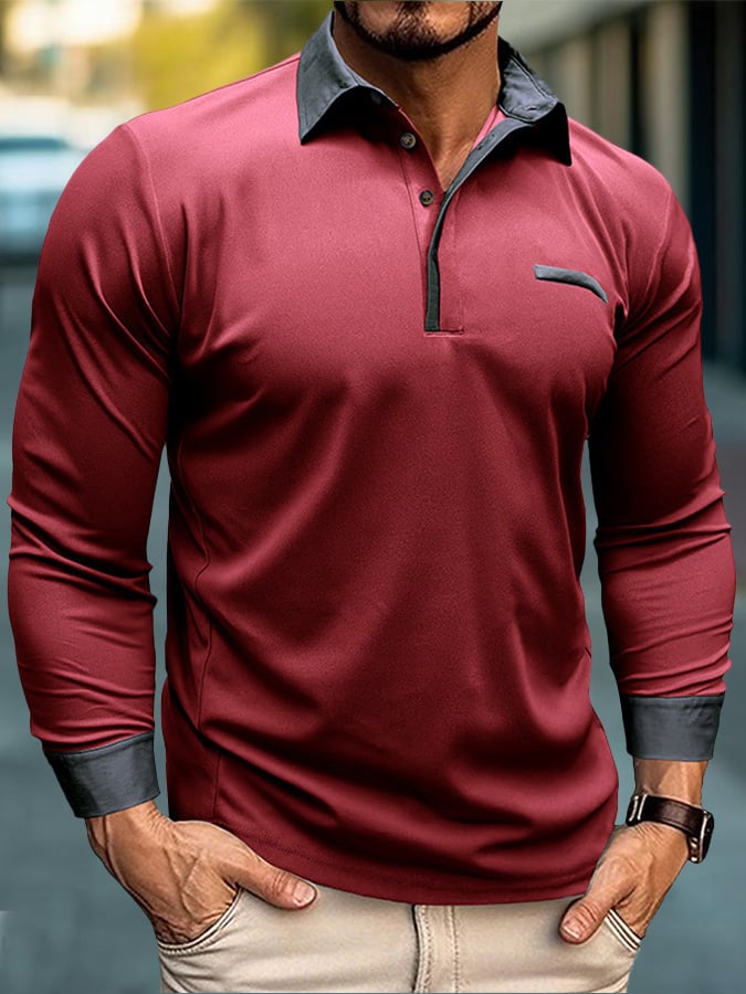 Camisa polo de moda en bloques de coloring Half Button de manga larga para hombre