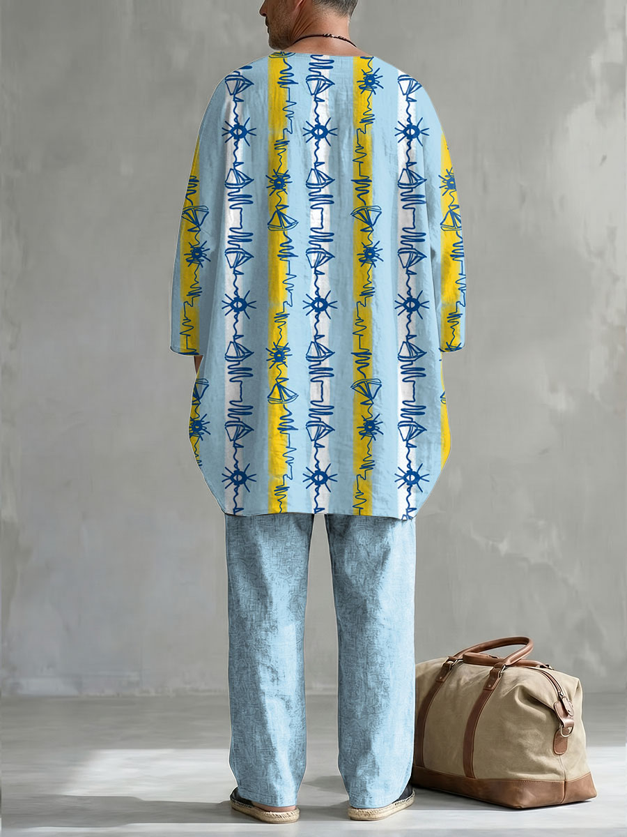 Summer Vacation Palm Tree And Vertical Stripe Decorative Pattern de manga larga de algodón de lino Top And pantalón conjunto de dos piezas