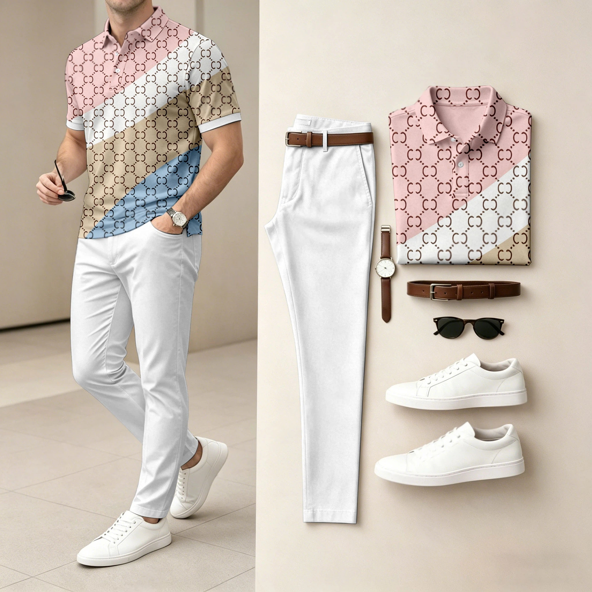 Conjunto de dos piezas casual a rayas Contrasting estampado camisa polo And pantalón para hombre