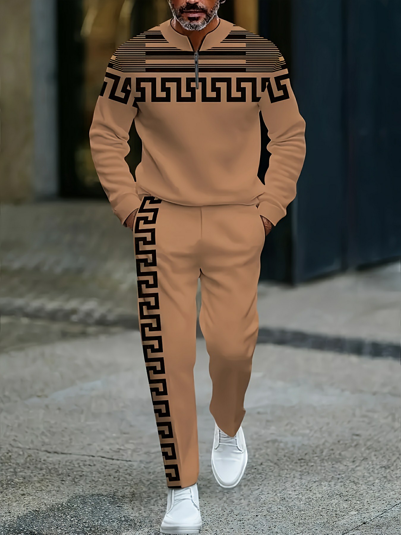 Conjunto de dos piezas casual Orange & Black Color Matching Geometric estampado Round-Neck Zipper de manga larga Trousers para hombre