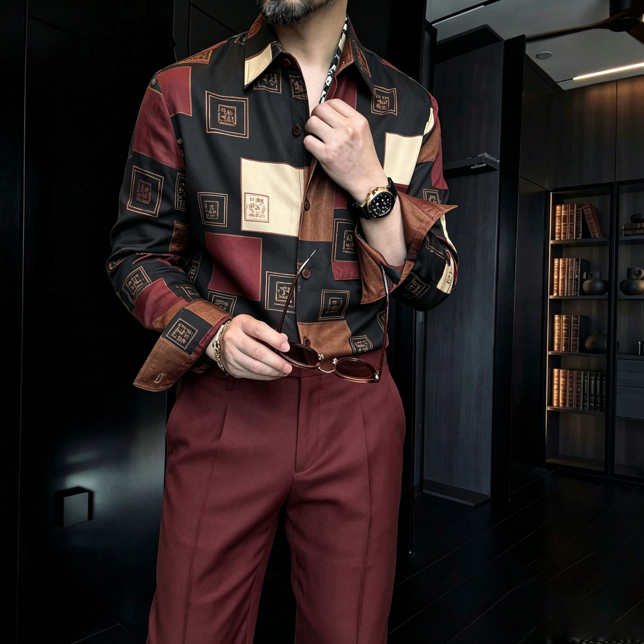 Conjunto de dos piezas casual Multi-en bloques de color-estampado Collared de manga larga camisa and pantalón para hombre