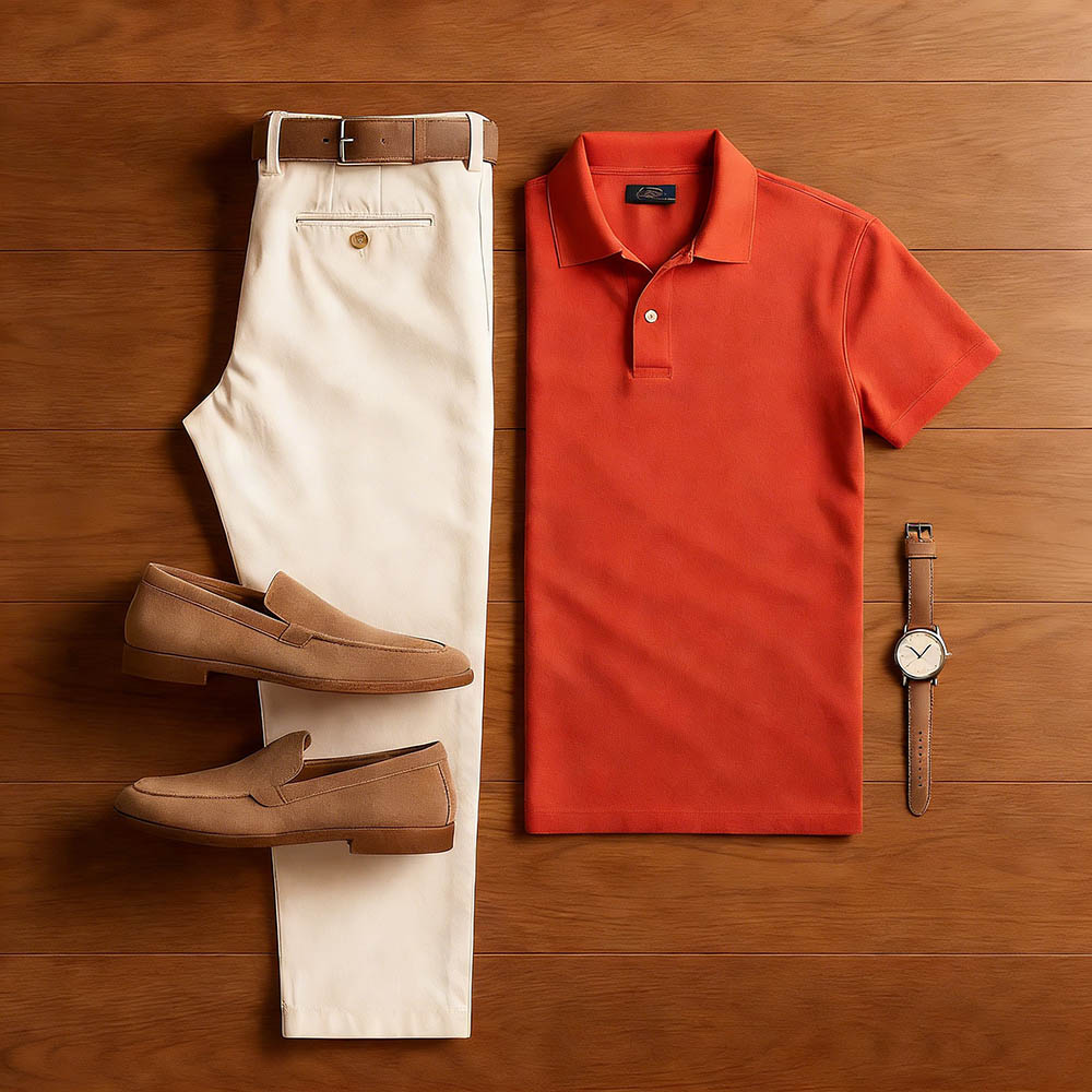 Conjunto de dos piezas casual Orange Red & Khaki Color Matching de manga corta camisa polo & Trousers para hombre