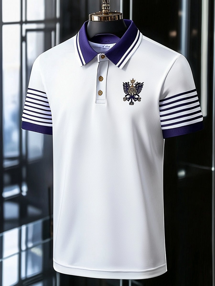 Camisa polo ejecutivo rayas Logo con botones de manga corta para hombre