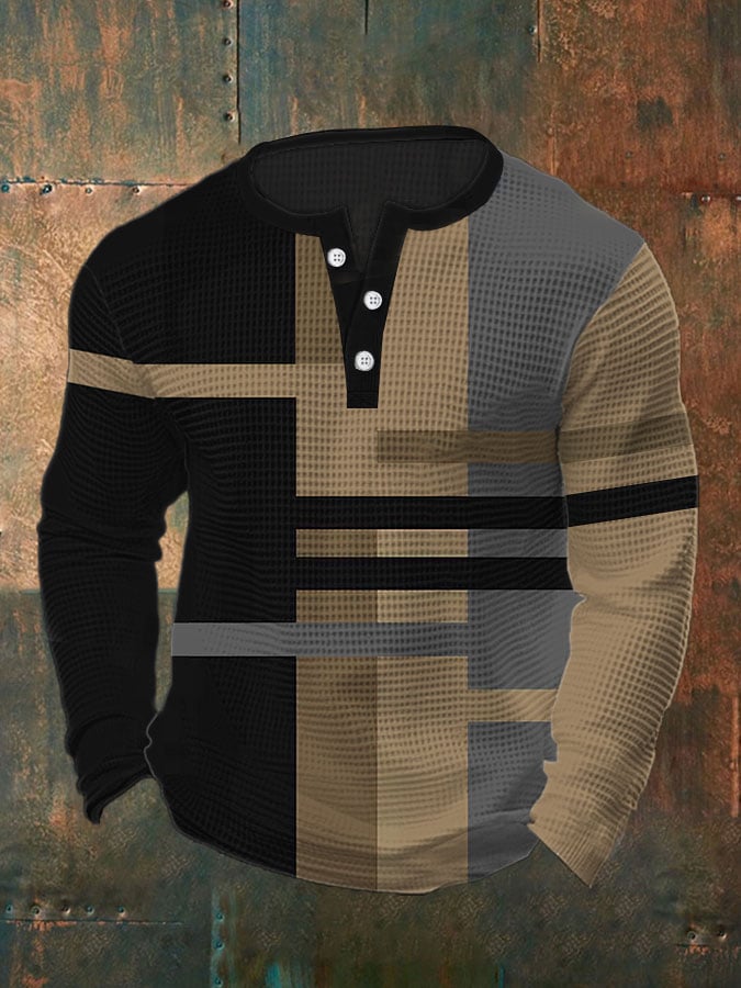 Camisa polo vintage casual Henley Waffle de manga larga para hombre