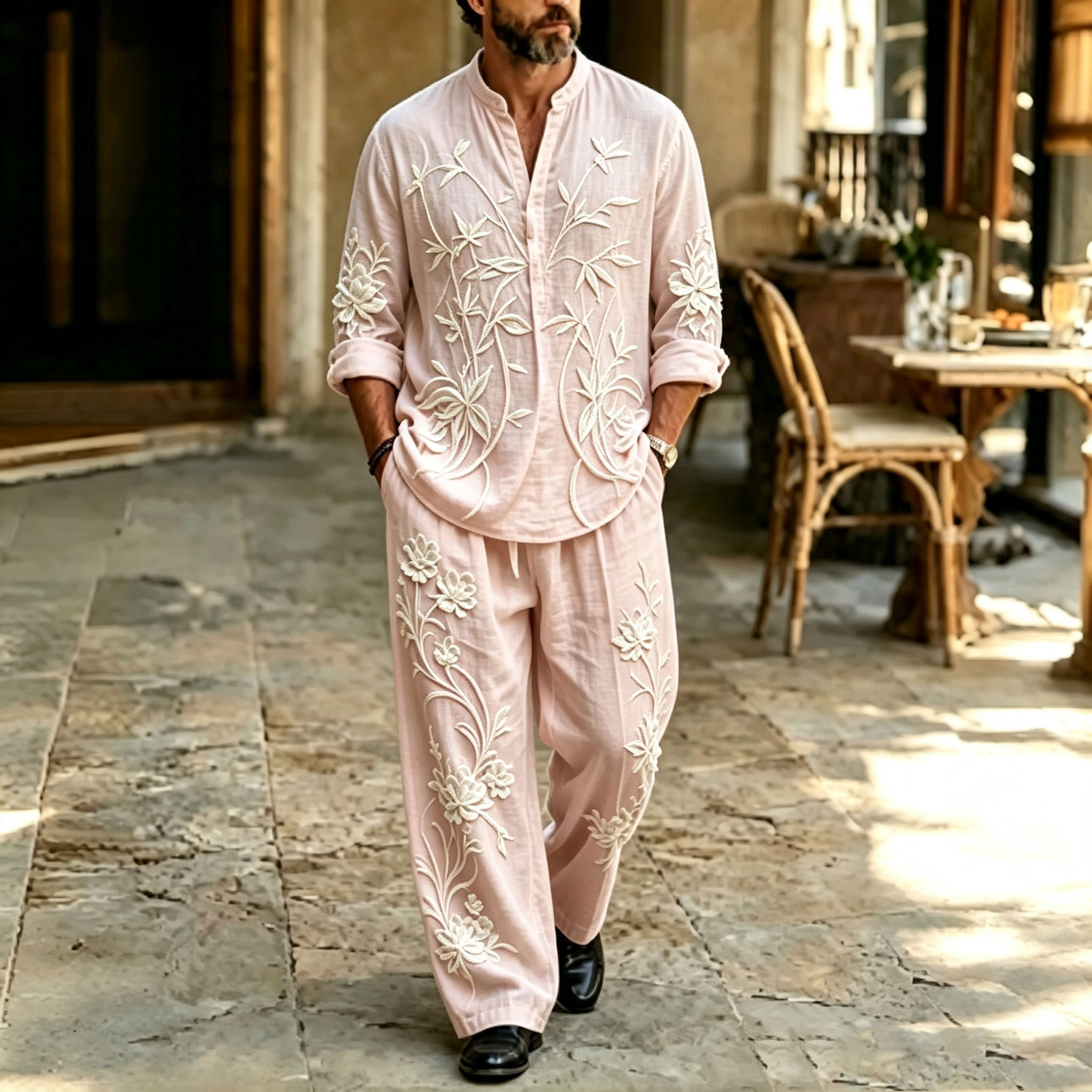 para hombre Vine-Print Stand-Collar camisa polo and pantalón Set