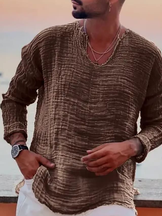 Camisa de lino Summer camisa Beach Wear casual camisa Plain Vacation Curise White Blue Brown Khaki de manga larga V Neck Spring & Summer Clothing Apparel para hombre