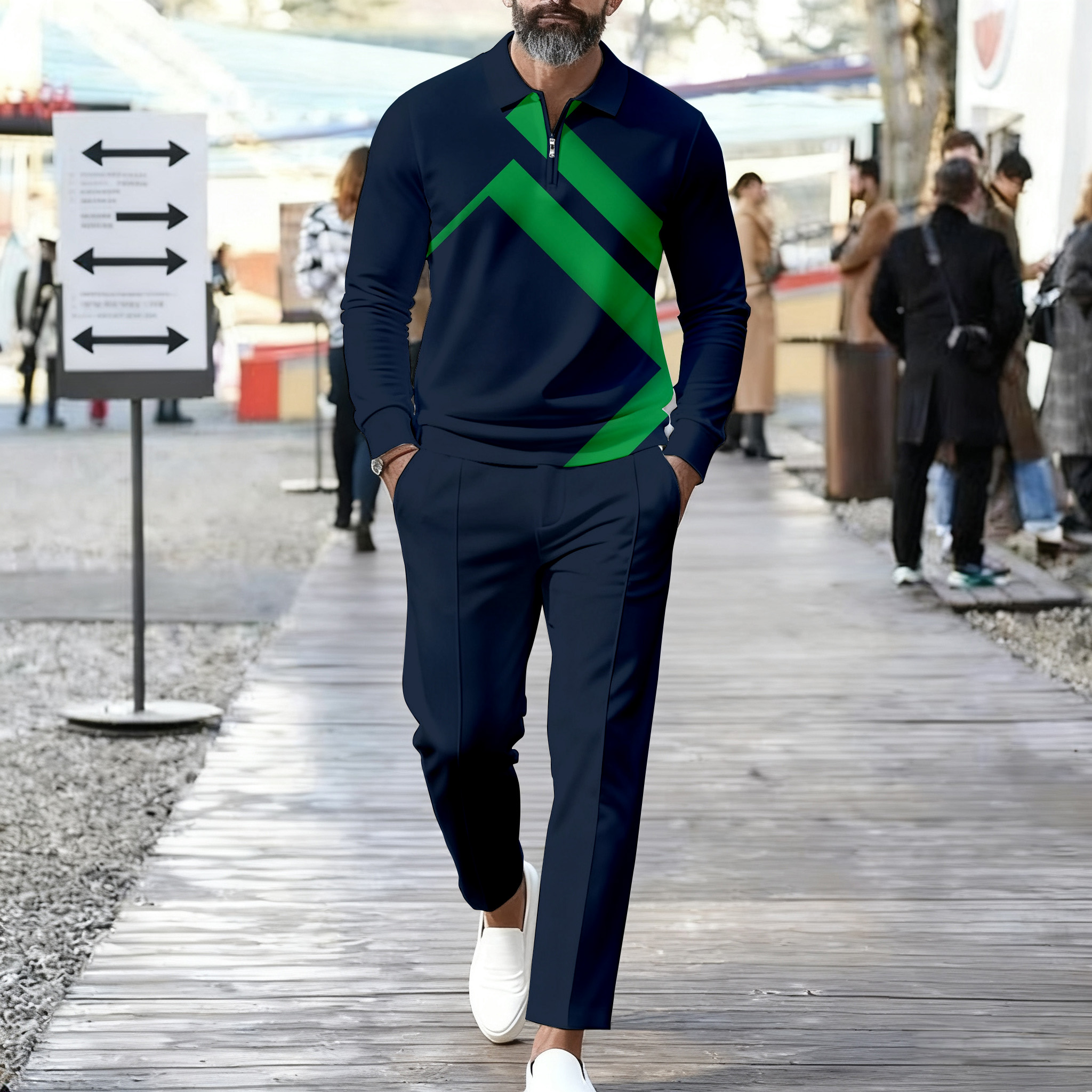 Conjunto de dos piezas casual Color Matching estampado Polo-Collar Zipper de manga larga Trousers para hombre