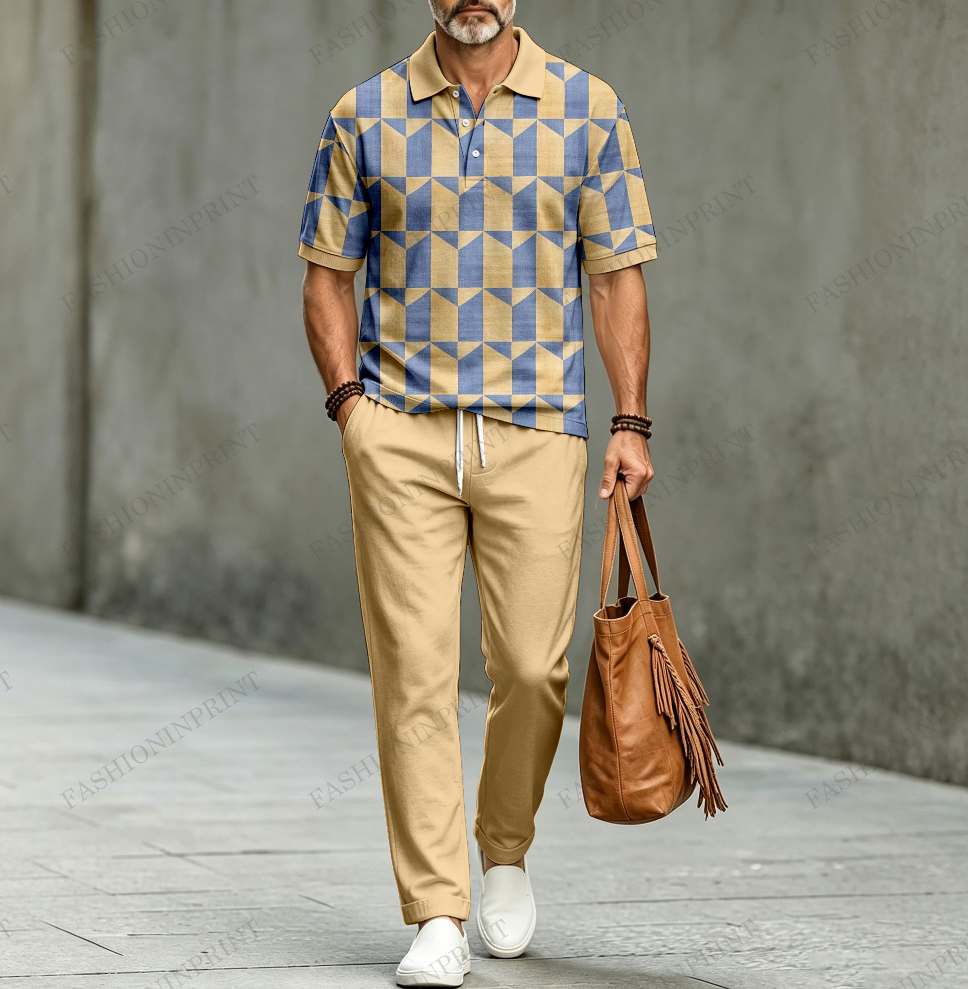 Conjunto de dos piezas casual Diamond-Patterned de manga corta camisa polo and pantalón para hombre