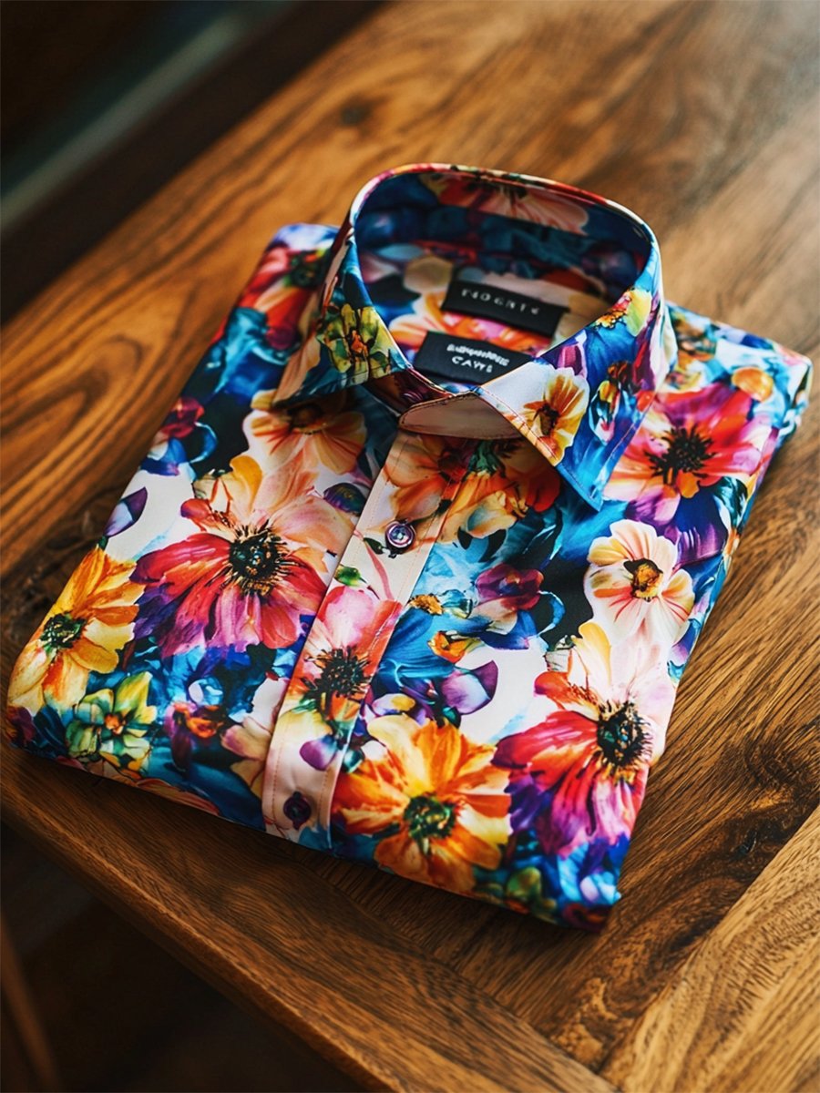 Camisa satén Luxe hawaiano estampado de manga corta Button para hombre