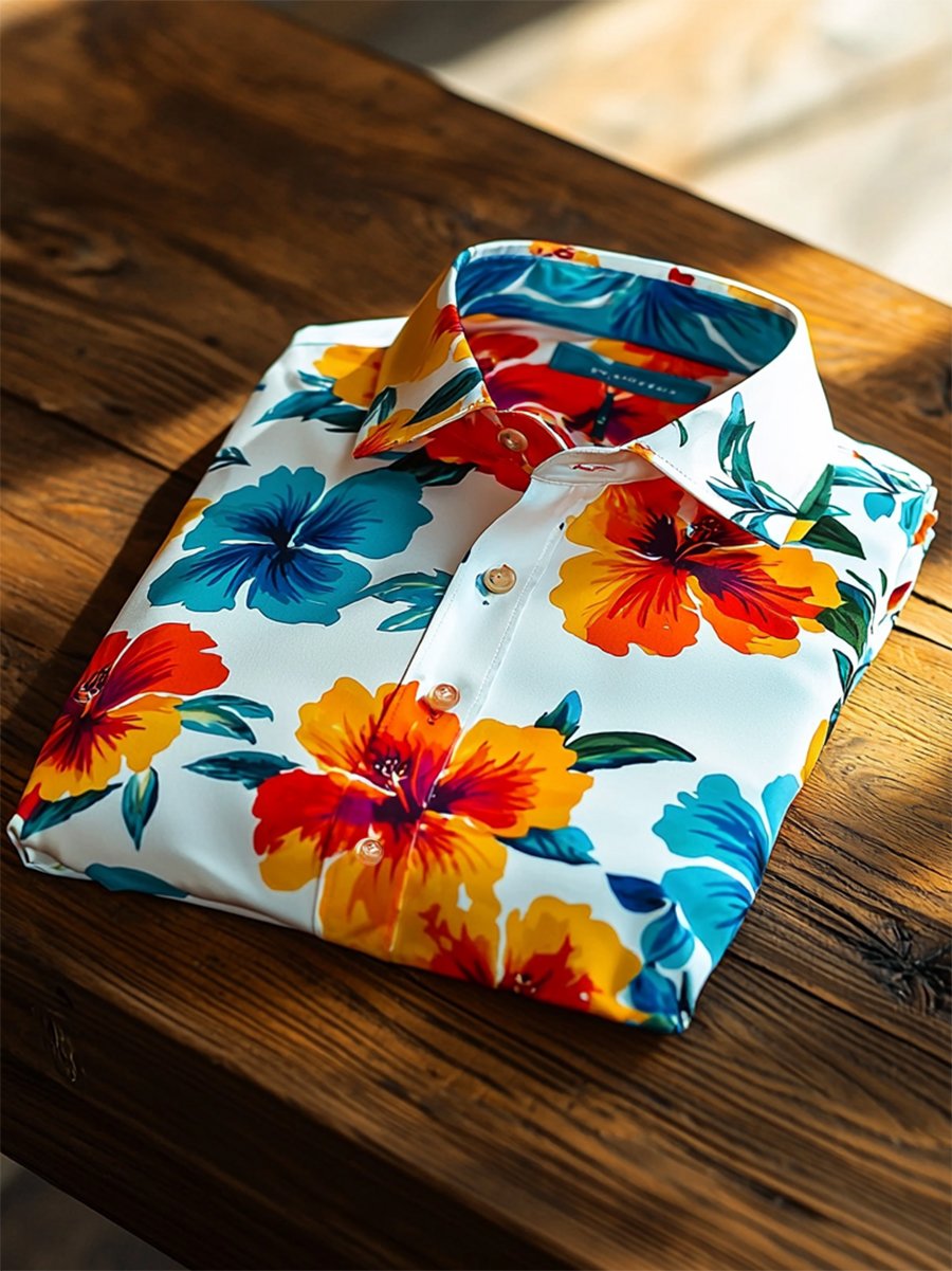 Camisa satén Luxe hawaiano estampado de manga corta Button para hombre