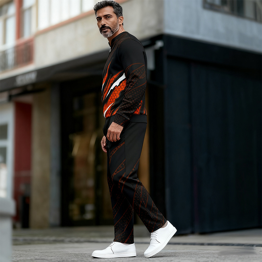 Conjunto de dos piezas casual Color Matching estampado Round-Neck Zipper de manga larga Trousers para hombre