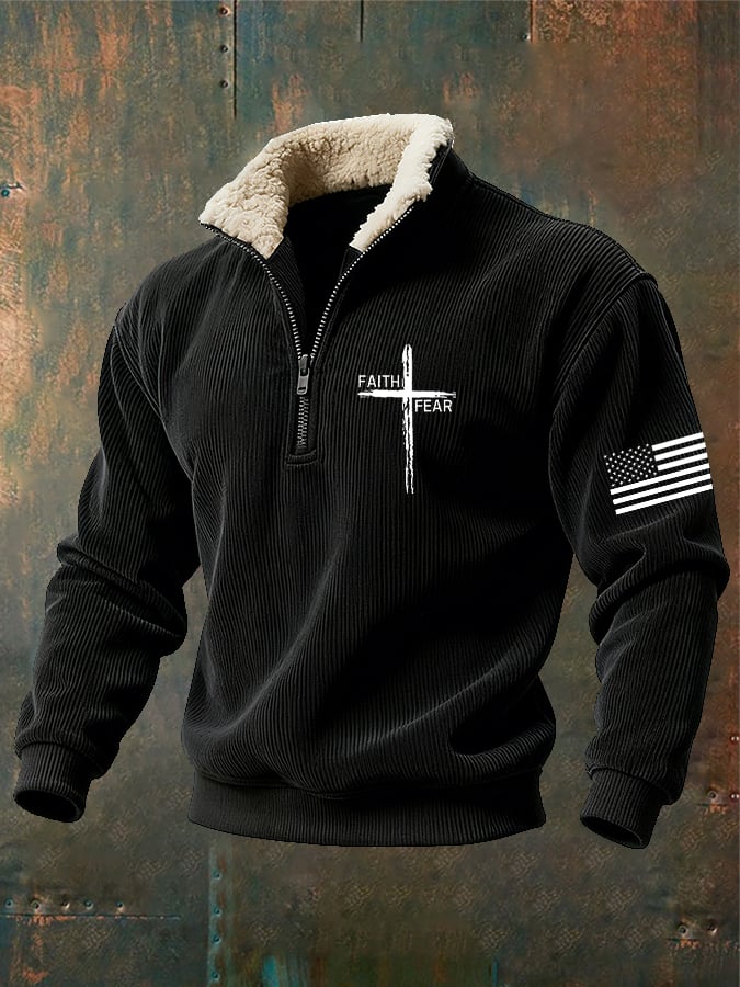 Sudadera retro Faith Cross estampado cierre Fur cuello de manga larga para hombre