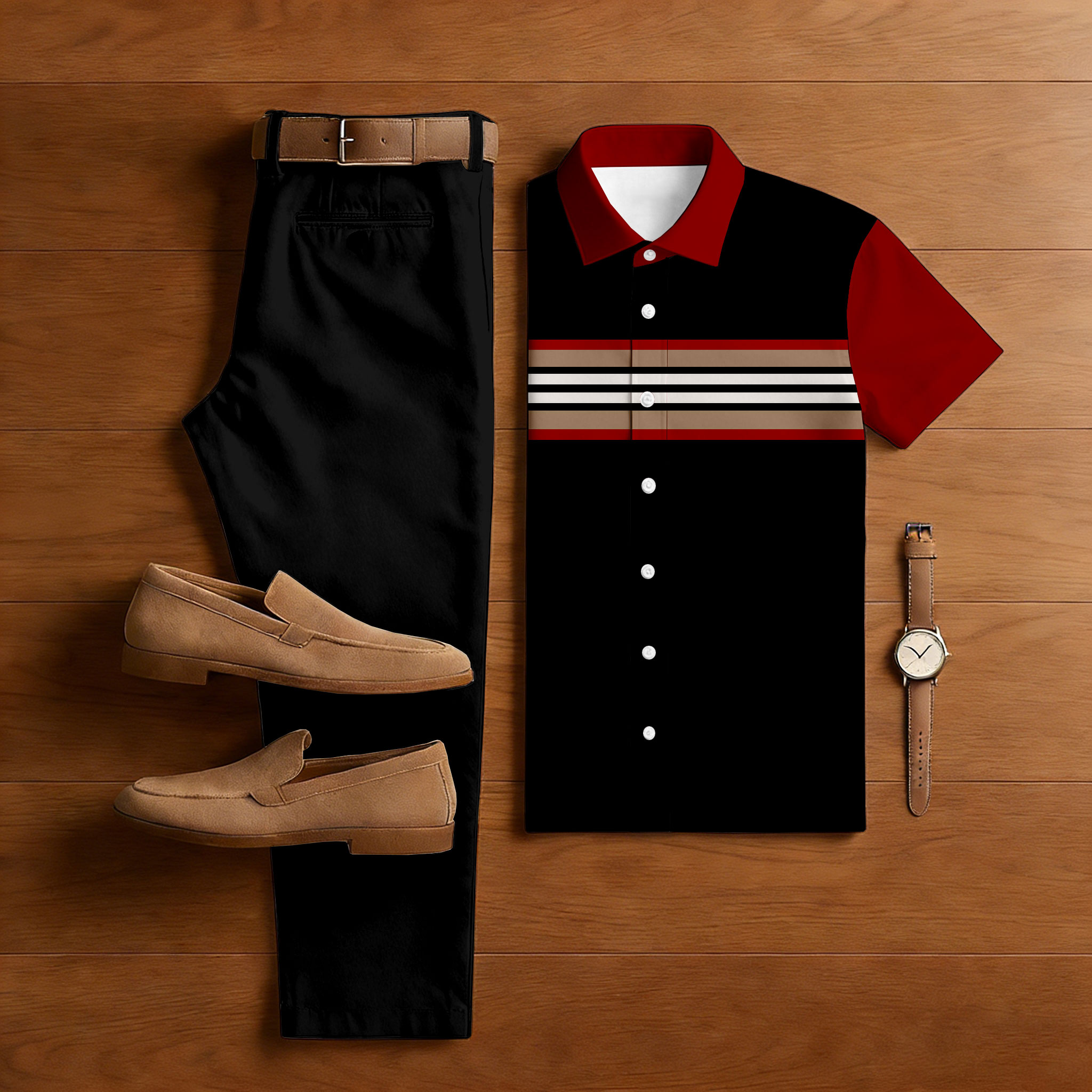 Conjunto de dos piezas casual Black & Dark Red Color Matching a rayas estampado de manga corta camisa & Trousers para hombre