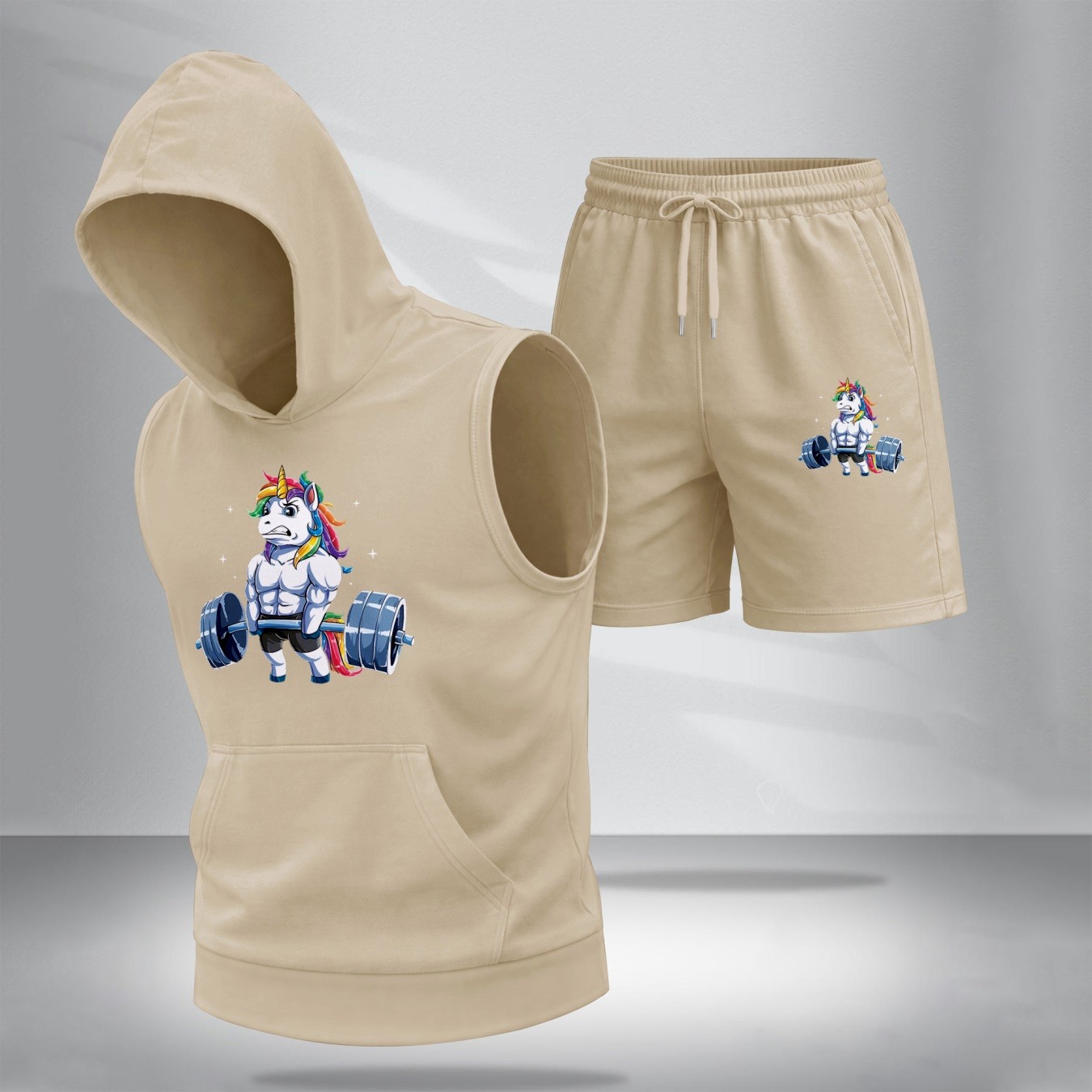 Sudadera con capucha Sleeveless & shorts Set – Muscle Unicorn estampado, casual Summer Two-Piece Outfit, Regular Fit Athletic Streetwear, TikTok Trending Gym de moda, Lightweight Summer Activewear para hombre