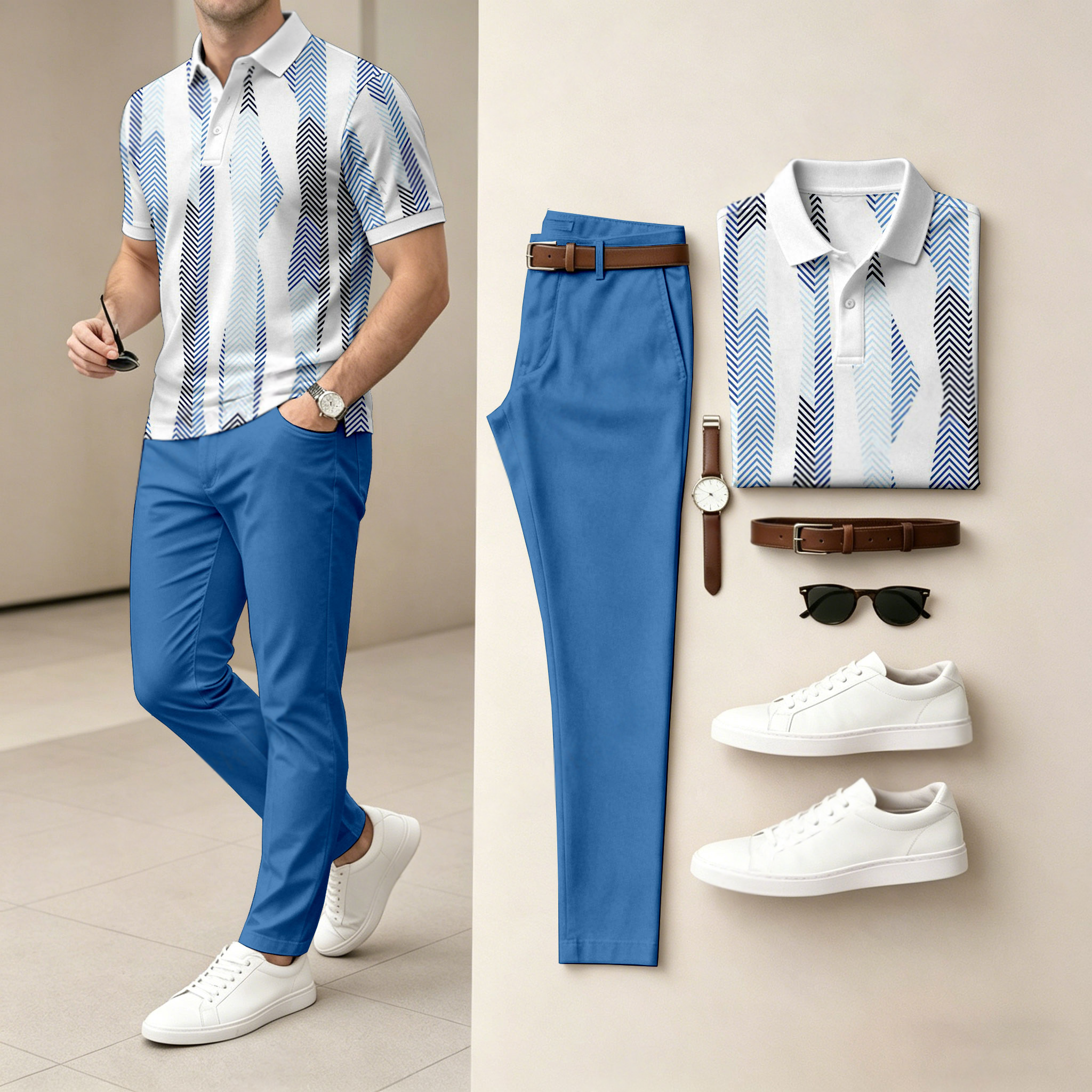 Camisa polo casual Multi-en bloques de color estampado de manga corta And pantalón Set (Excludes Accessories Such As Watches And Belts) para hombre