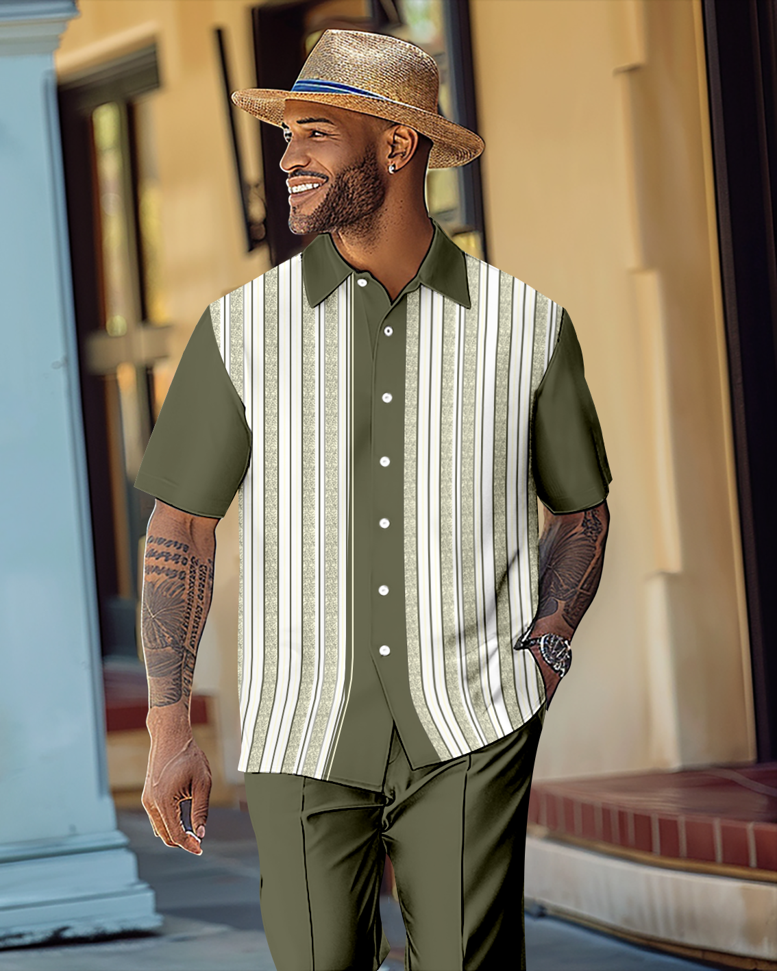 Camisa retro colorblock estampado de manga corta walking Suit 1103 para hombre