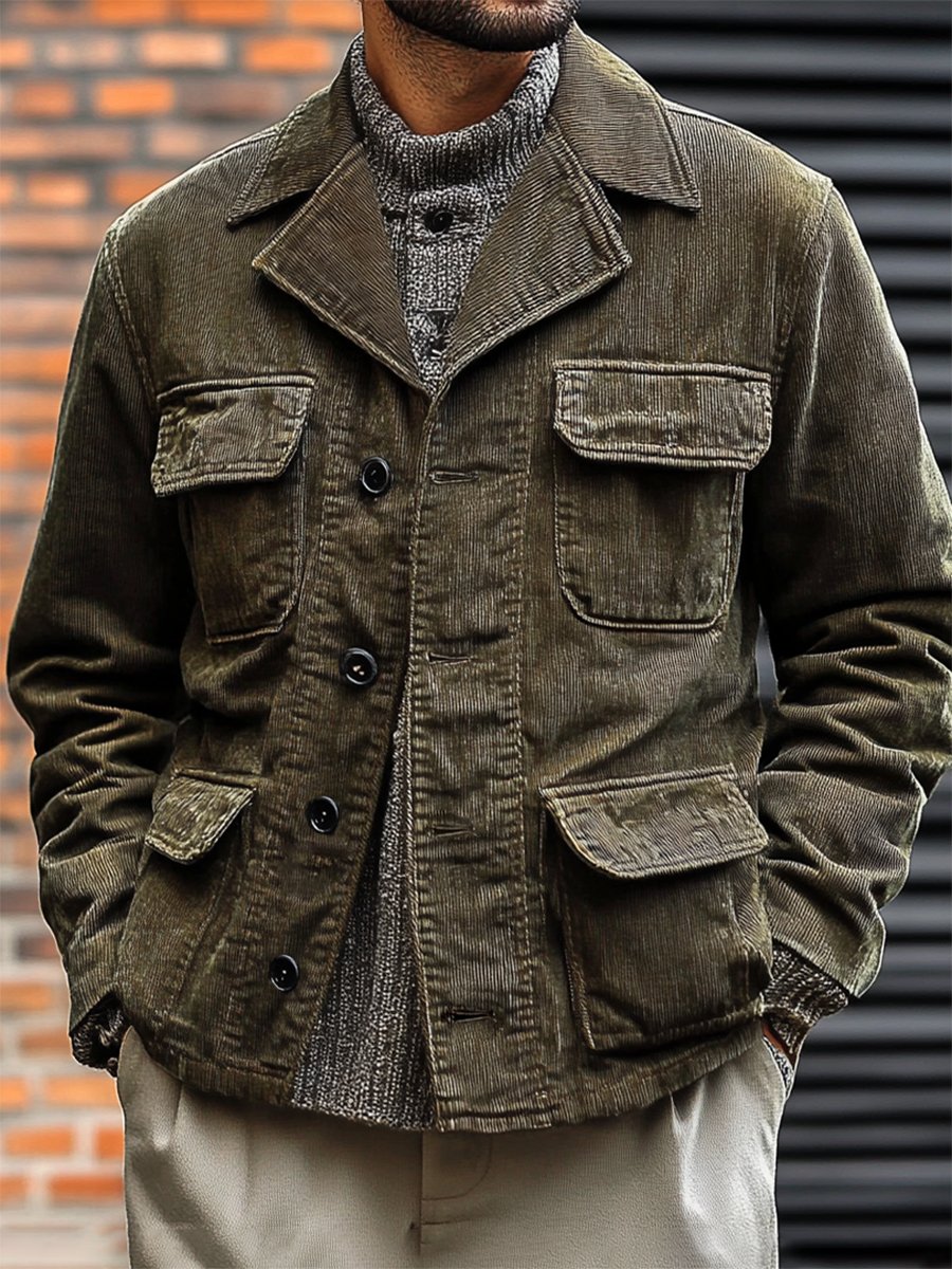 Chaqueta casual pana Multi-bolsillo abrigo para hombre