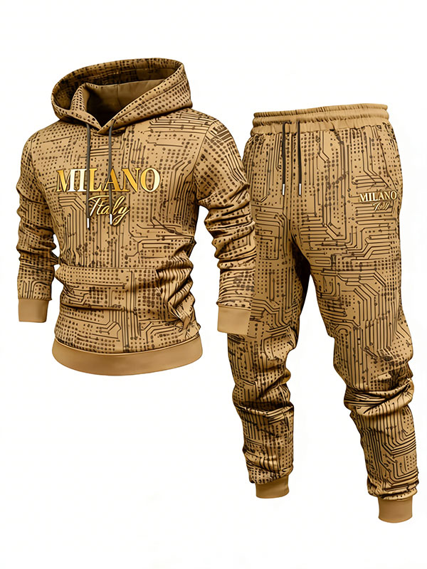 Conjunto de dos piezas casual Brown & Gold Color Polka Dots estampado sudadera con capuchas de manga larga sudaderas & Sweatpantalón para hombre