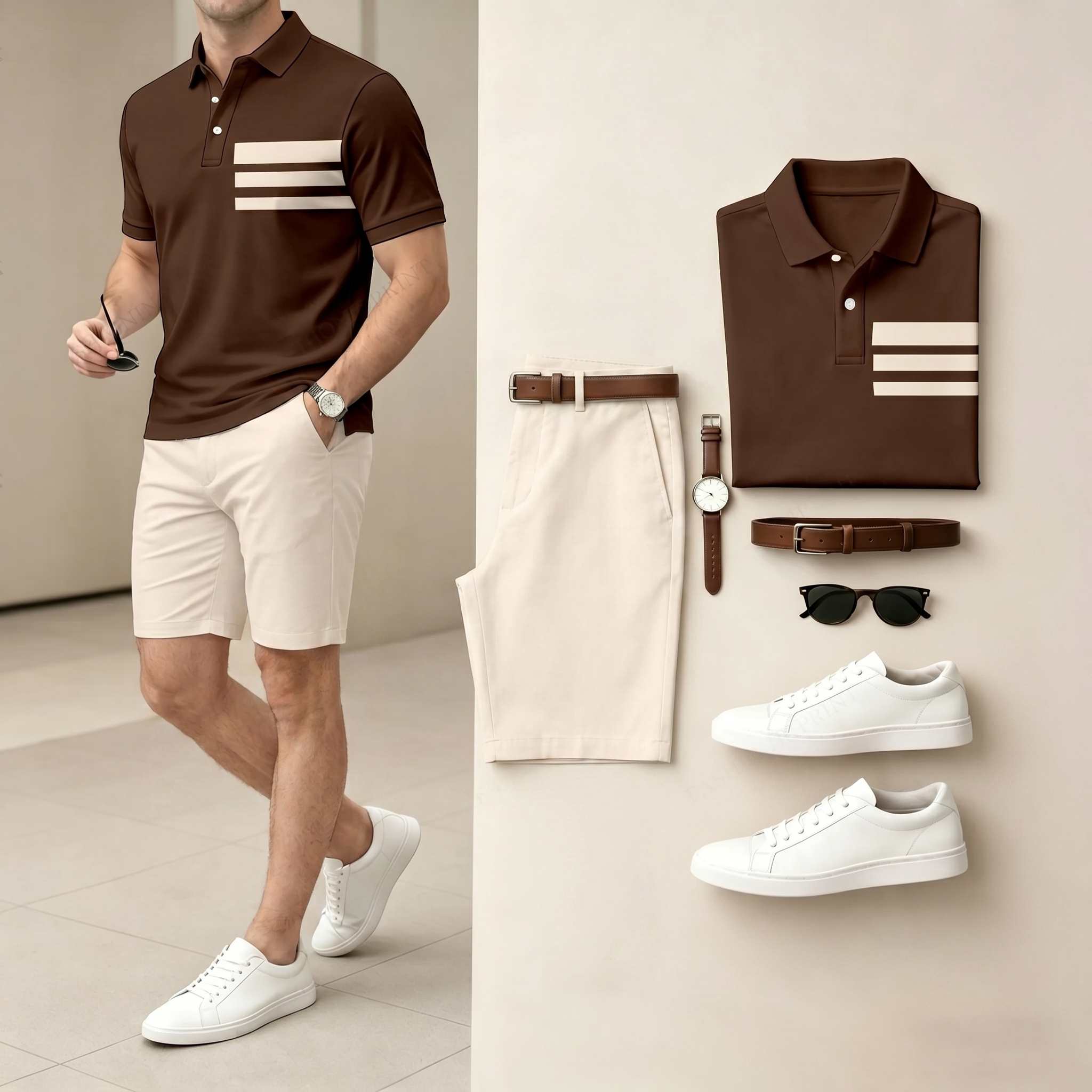 Conjunto de dos piezas casual Brown And White Color Splicing camisa polo & shorts para hombre