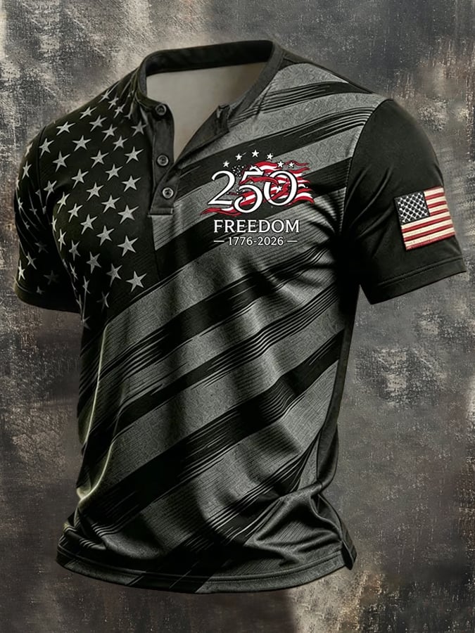 Camisa retro Patriotic Color-Block de manga corta Henley para hombre
