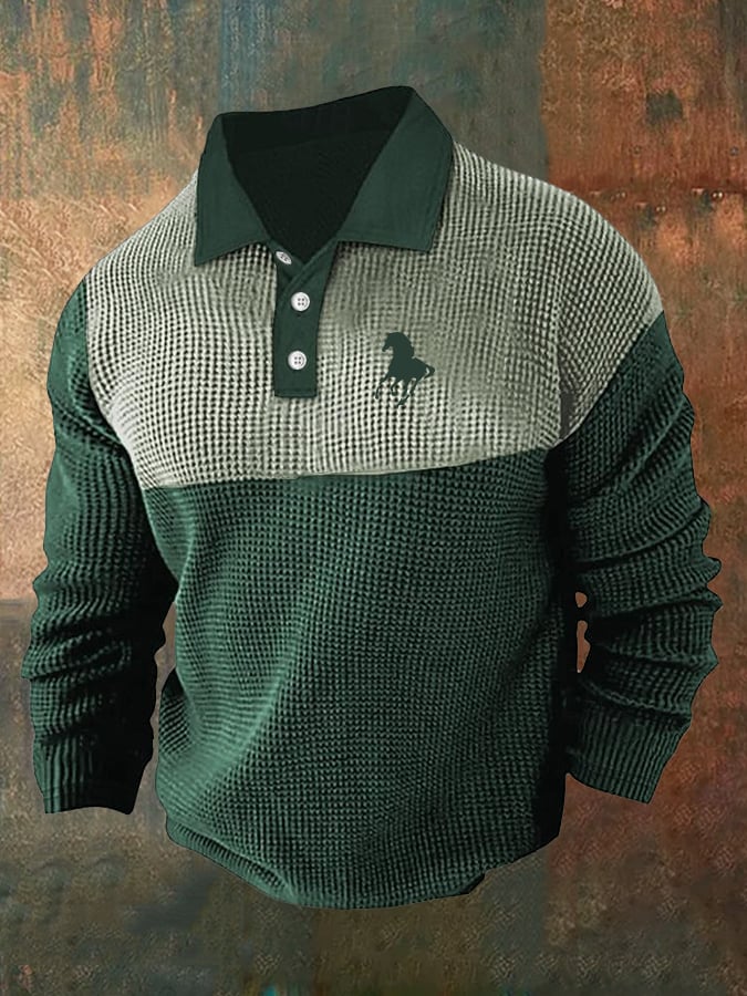 Camisa polo retro ejecutivo casual Waffle Fabric de manga larga para hombre