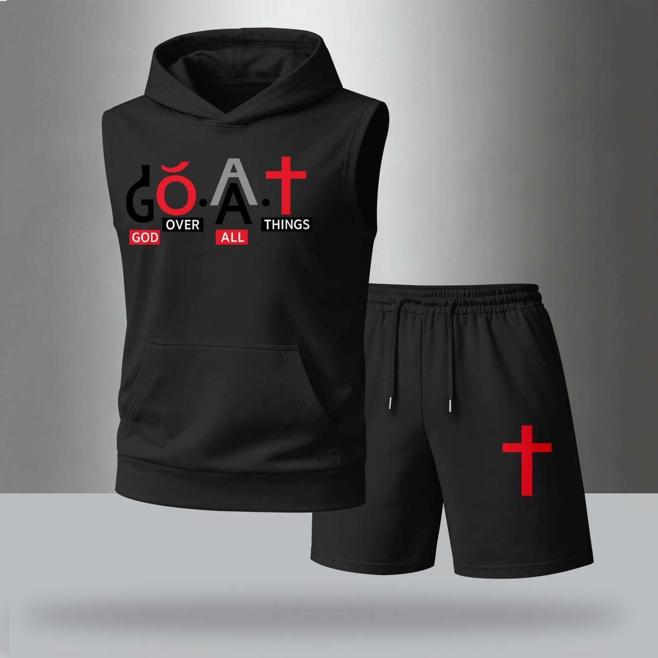 Sudadera con capucha Sleeveless & shorts Set – G.O.A.T Graphic estampado, Cross & Faith Design, casual Streetwear Summer Tracksuit, Urban Style Outfit, para uso diario Wear, Gym Ready, Lightweight Comfort Fit shorts para hombre