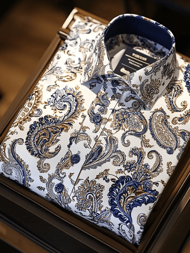 Camisa de lujo Romantic Contrast Color estampado de manga larga para hombre