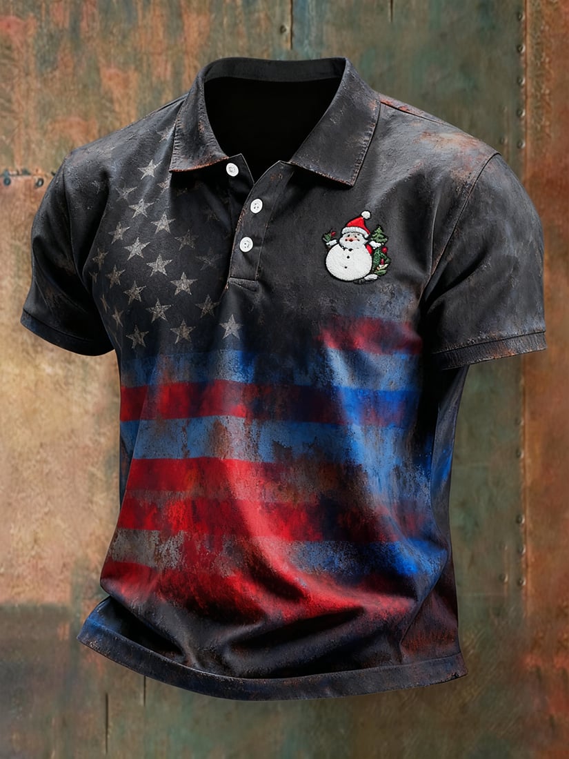 Camisa polo vintage Christmas American Flag con botones de manga corta para hombre