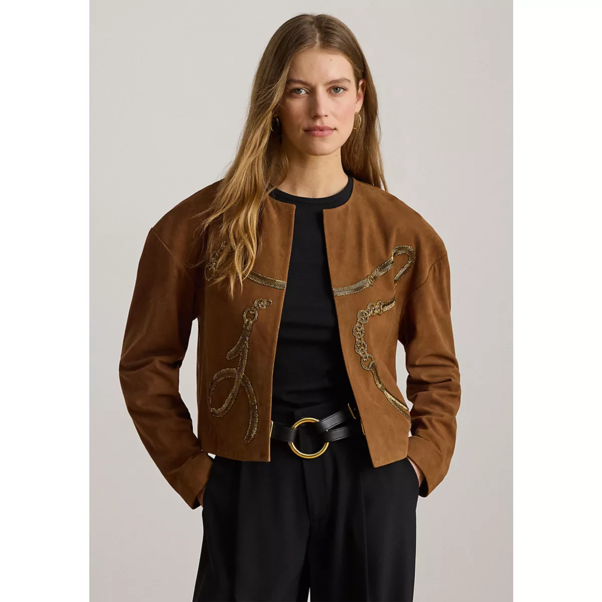 Women's Beaded-Belting-Motif Goat-Suede Jacket - 1