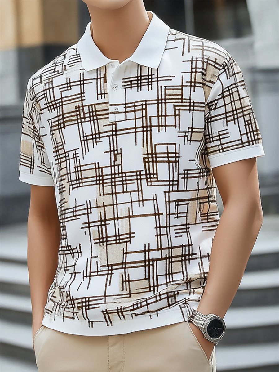 Camisa polo casual ejecutivo geométrico Lines estampado con botones de manga corta para hombre