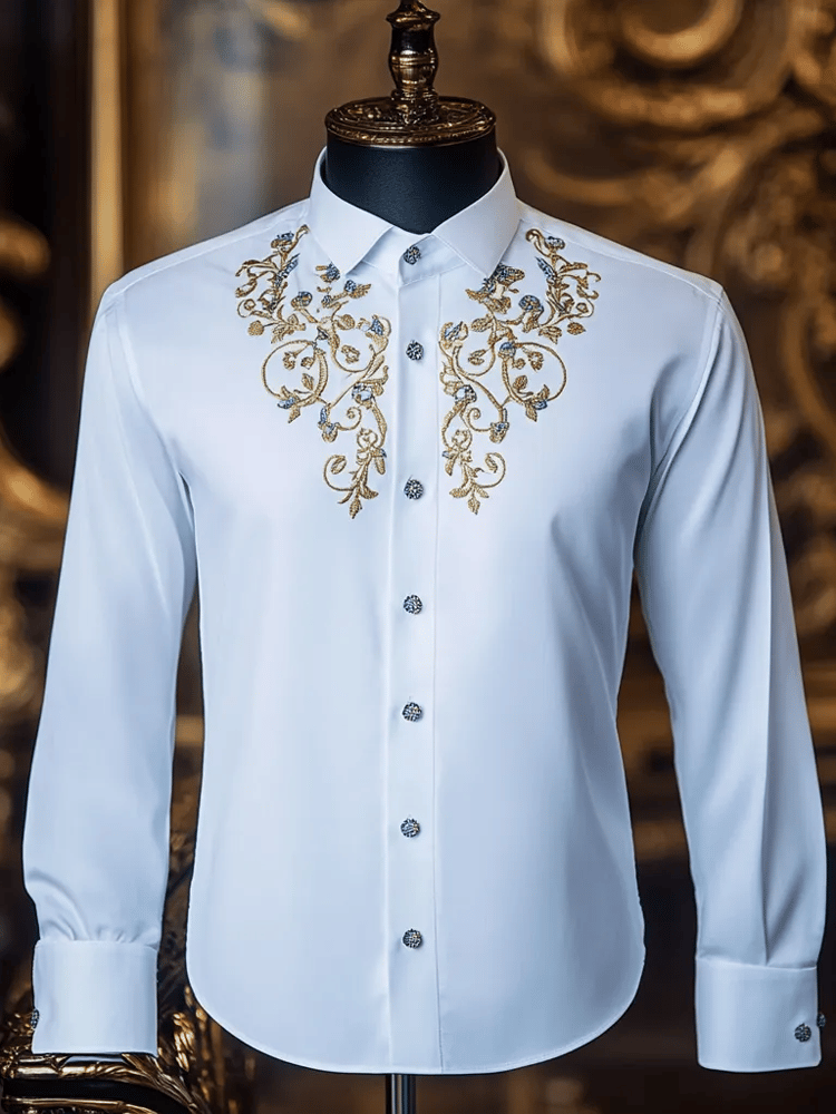 Camisa vintage de lujo Stand cuello de manga larga para hombre