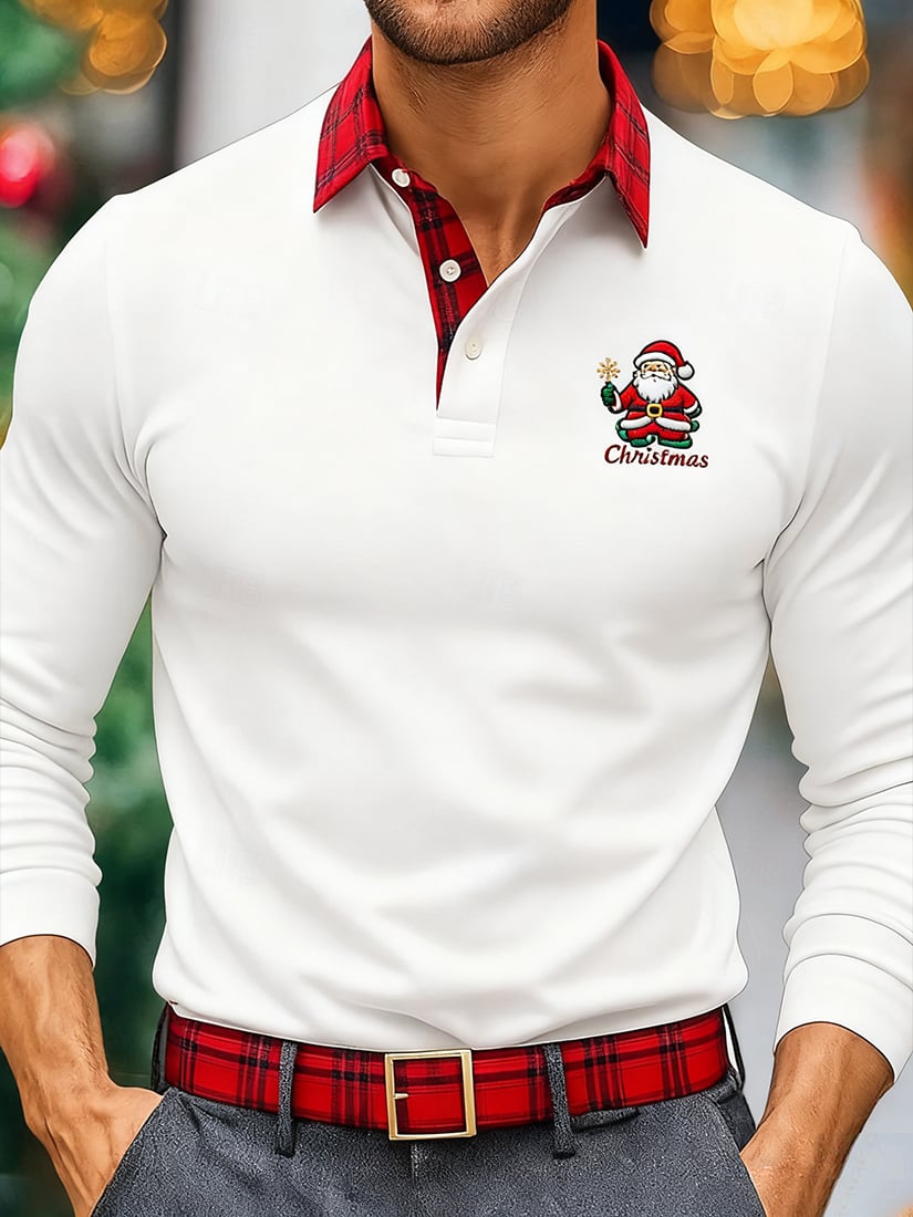 Camisa polo Christmas a cuadros de manga larga para hombre