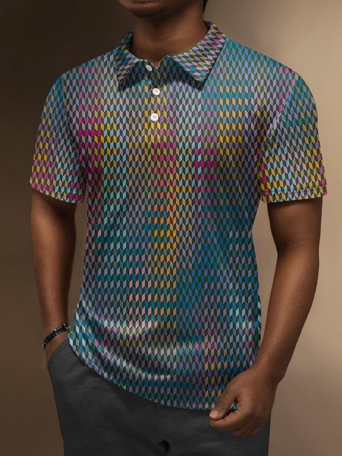Camisa polo Ombre Abstract rayas Button de manga corta para hombre