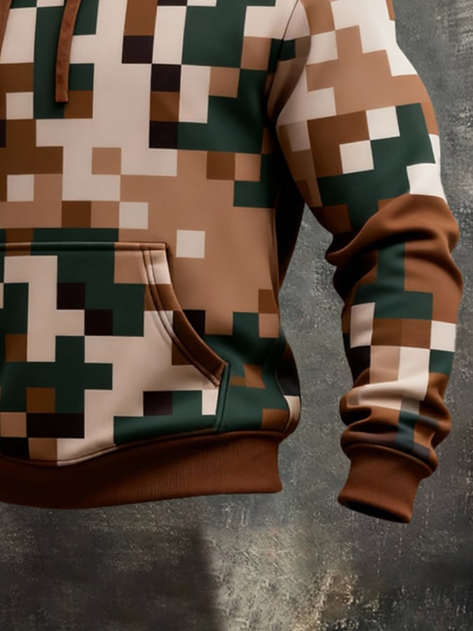 Sudadera retro desgastado en bloques de color estampado casual de manga larga para hombre