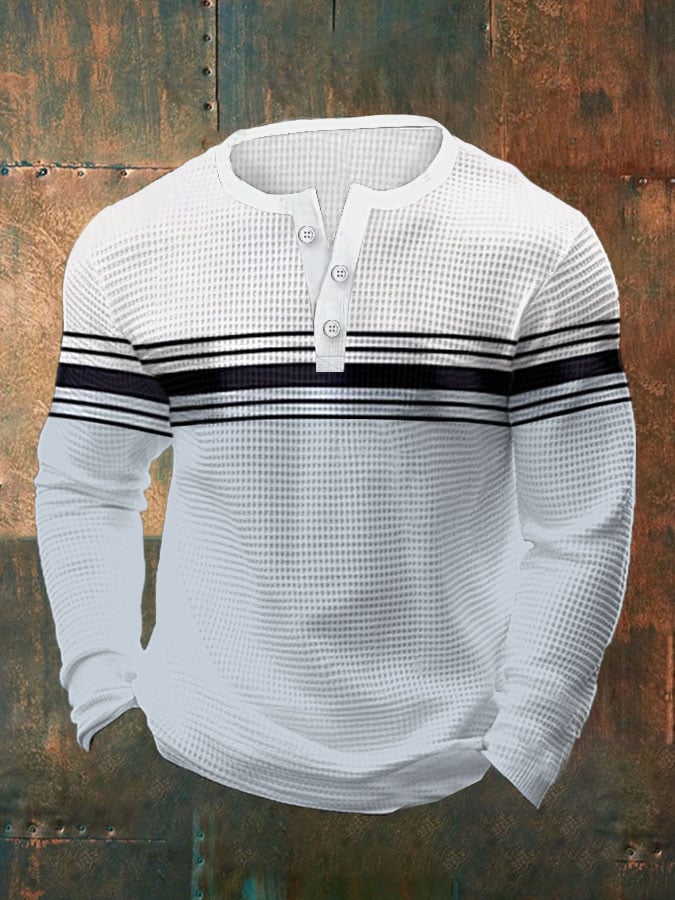 Camisa polo vintage casual Henley Waffle de manga larga para hombre