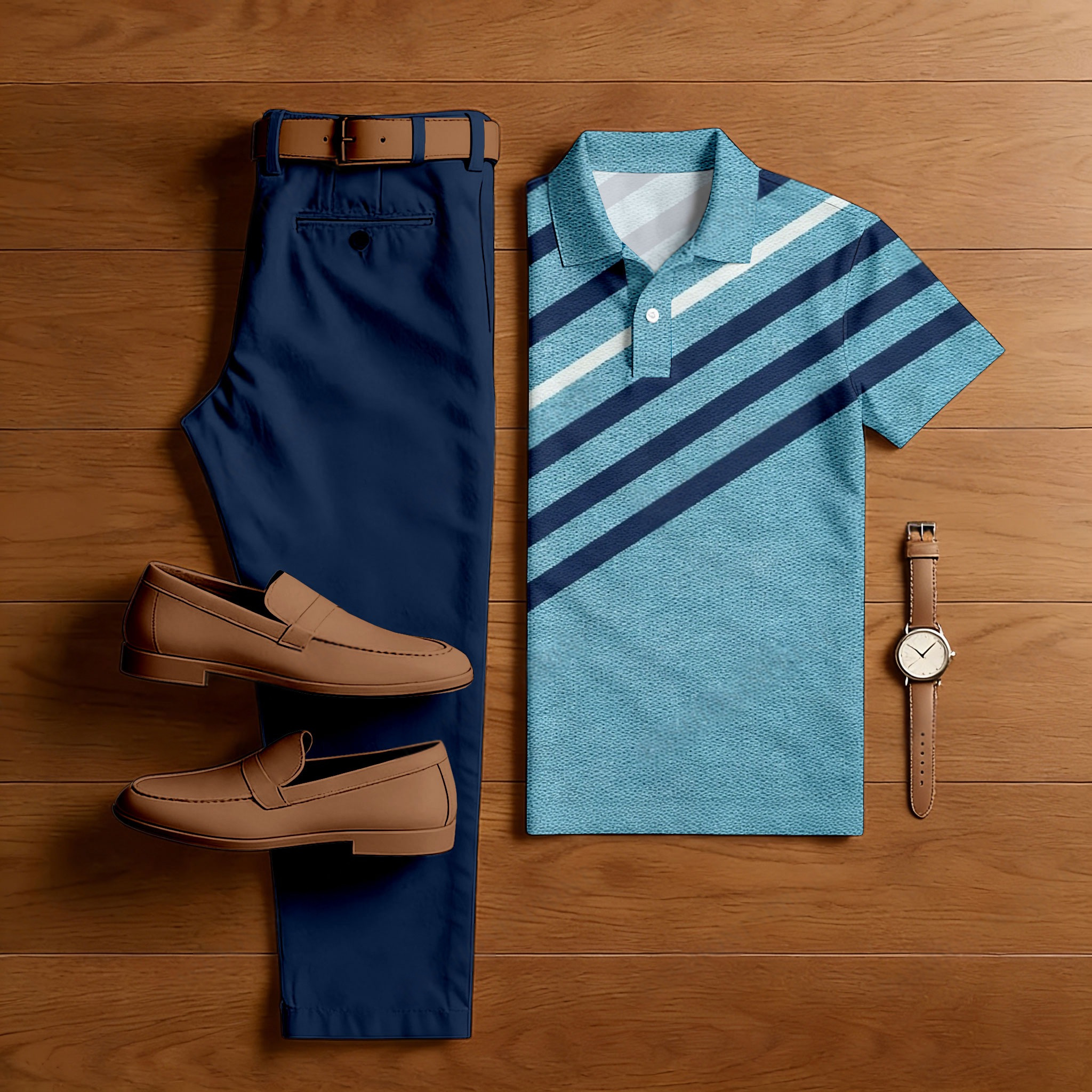 Conjunto de dos piezas casual Blue rayas estampado camisa polo And pantalón para hombre