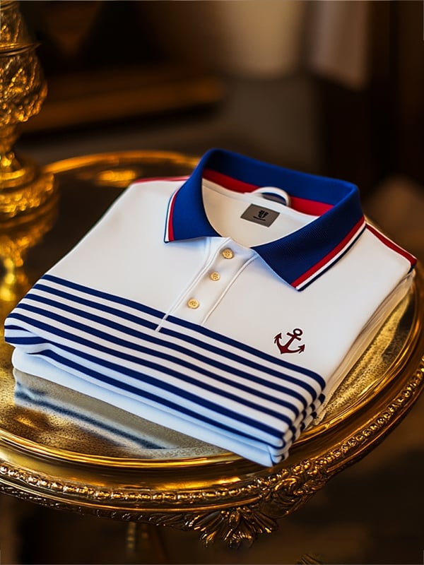Camisa polo ejecutivo rayas Logo con botones de manga corta para hombre