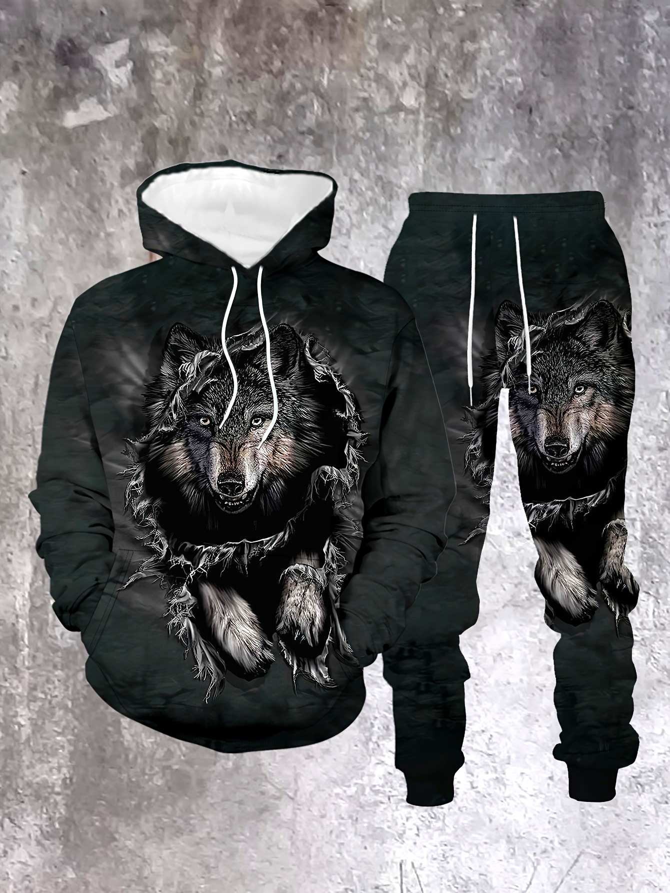 Conjunto de dos piezas casual "Wolf" estampado sudadera con capuchas de manga larga sudaderas & Sweatpantalón para hombre