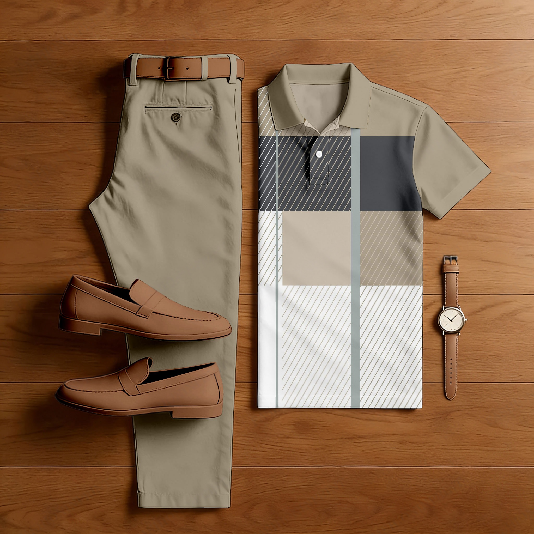 Conjunto de dos piezas casual Khaki & Beige Color Matching Geometric estampado de manga corta camisa polo & Trousers para hombre
