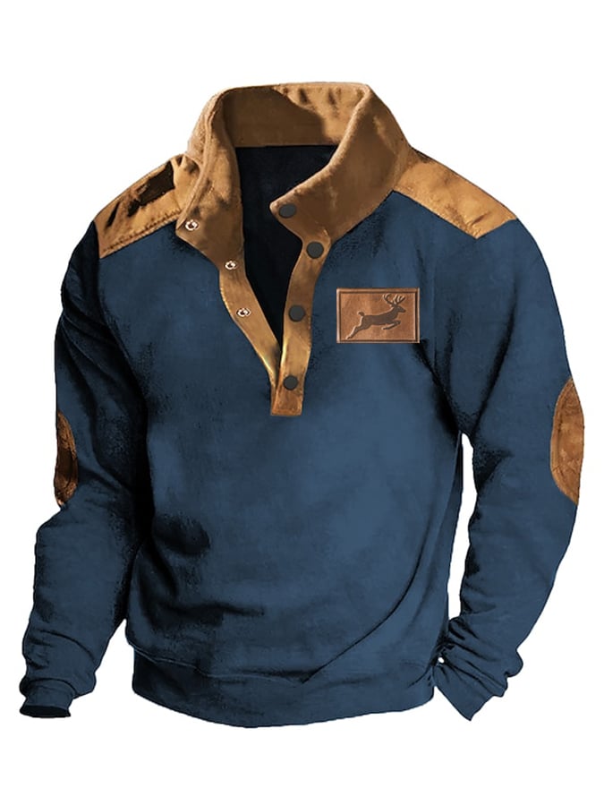 Sudadera Western Style Elk estampado Deerskin terciopelo Patchpara trabajo Stand-cuello para hombre
