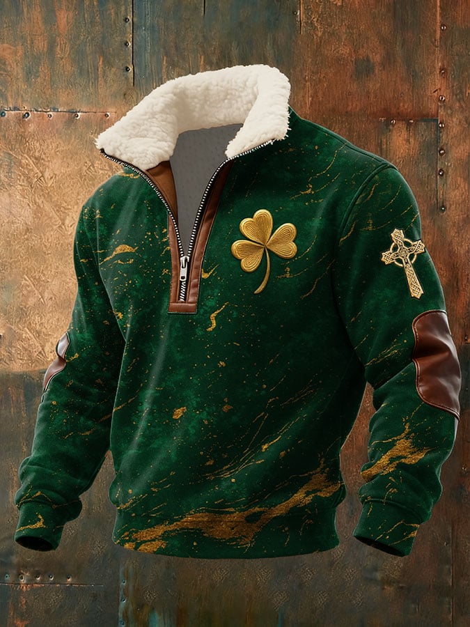 Sudadera St. Patrick's Day estampado cierre Fur cuello de manga larga para hombre