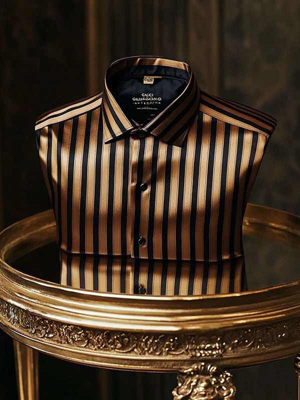 Camisa de lujo a rayas satén texturizado de manga corta para hombre