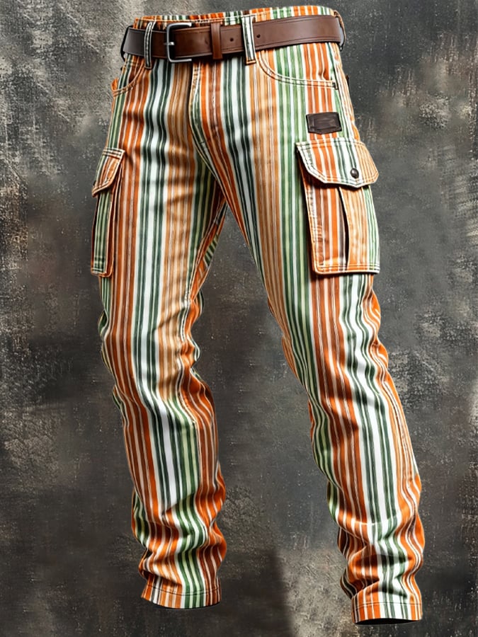 Pantalón retro en bloques de color desgastado bolsillo Cargo para hombre