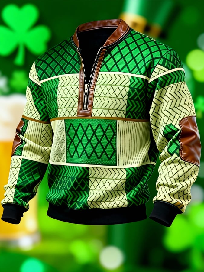 Sudadera (Detachable Shamrock Brooch Included) casual St. Patrick's Day Color-Block Half-Zip Stand-cuello de manga larga para hombre