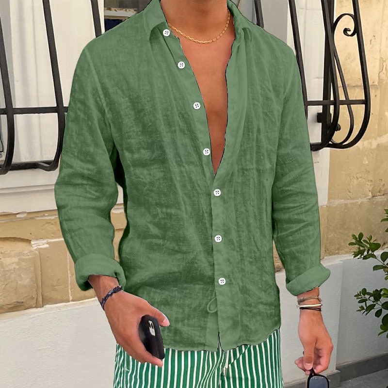 Camisa de lino camisa Summer camisa Beach camisa Plain casual para uso diario Black White Pink Royal Blue de manga larga solapa Spring & Summer Clothing Apparel para hombre - vista 12